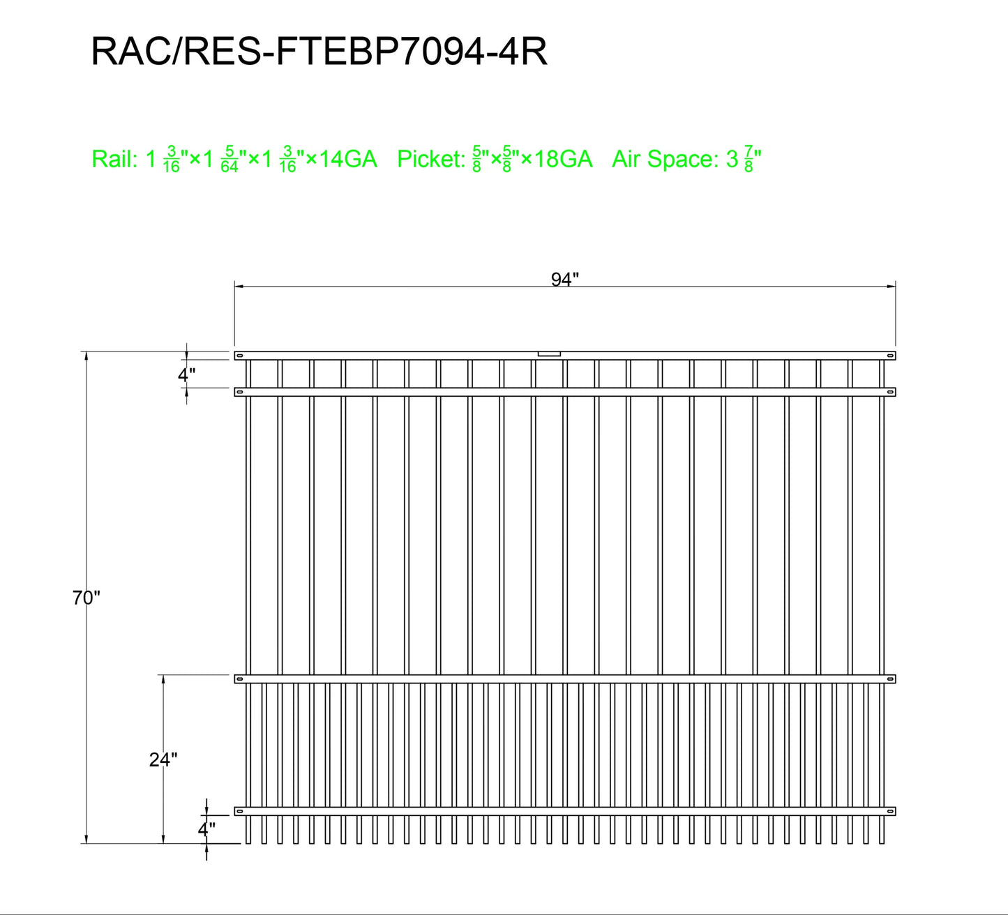 Ornamental Steel Puppy Picket Flat Top 8' Wide x 6' Tall 4-Rail Fence Panel with 3-7/8" Air Space