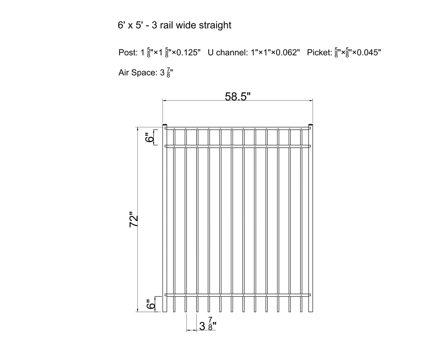 Ornamental Aluminum Flat Top 5' Wide x 6' Tall 3-Rail Gate with 3-7/8" Air Space