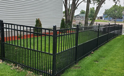 6' tall x 8' wide 4-Rail Ornamental Steel Flat Top Puppy Picket Fence Panel with 3-7/8" & 1-15/16" Air Space