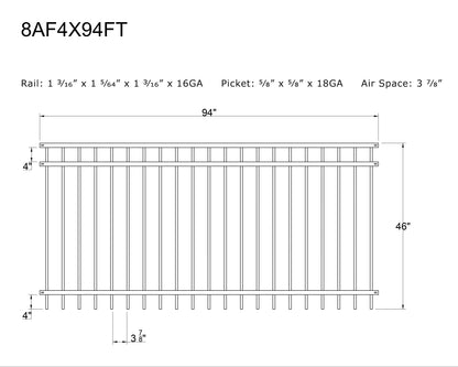 [PRICE PER FOOT] 4' tall x 8' wide 3-Rail Ornamental Steel Flat Top Fence Panel with 3-7/8" Air Space