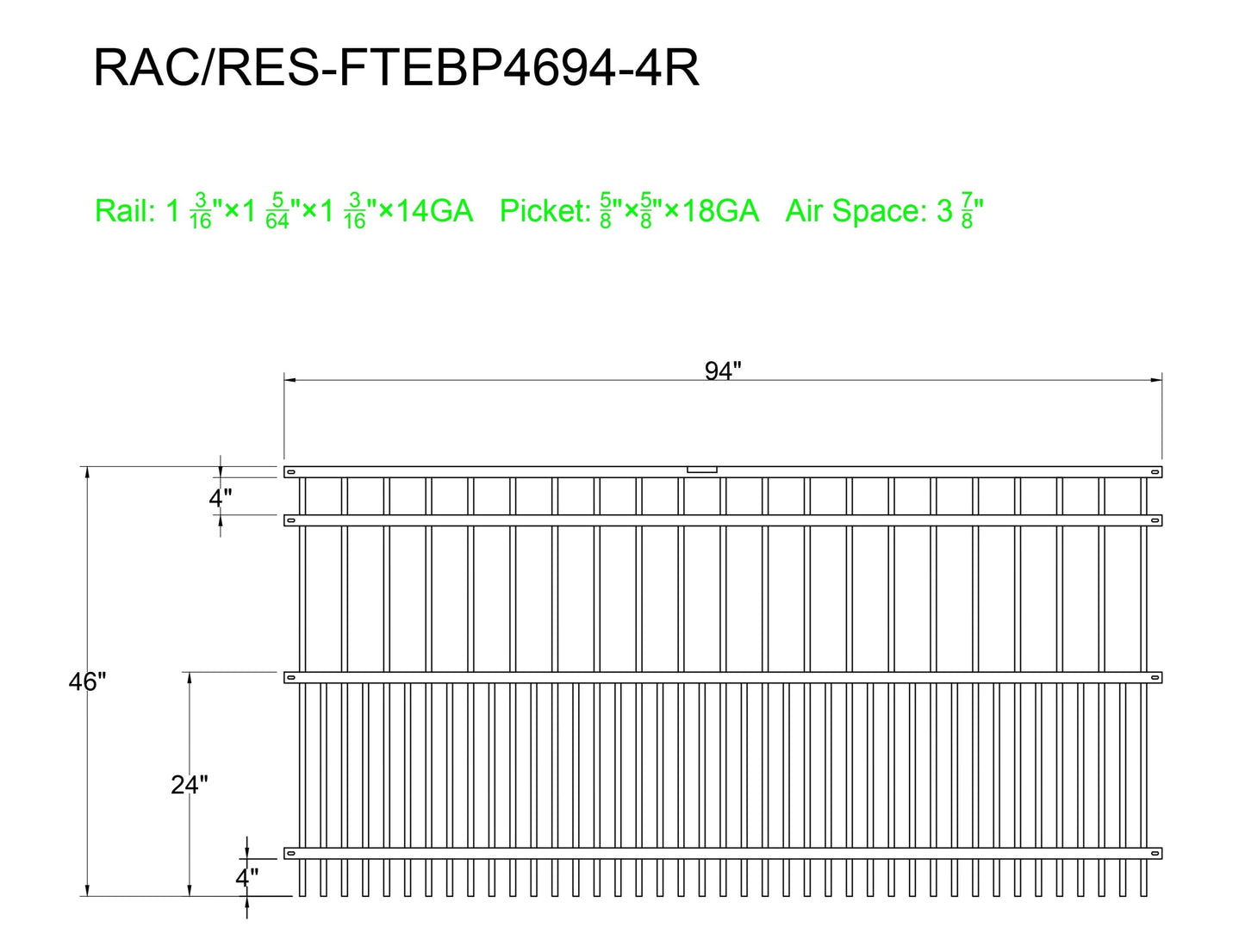 [PRICE PER FOOT] 4' tall x 8' wide 4-Rail Ornamental Steel Flat Top Puppy Picket Fence Panel with 3-7/8" & 1-15/16" Air Space