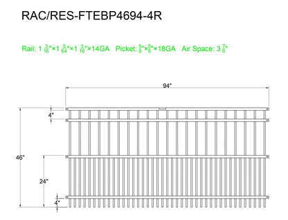 [PRICE PER FOOT] 4' tall x 8' wide 4-Rail Ornamental Steel Flat Top Puppy Picket Fence Panel with 3-7/8" & 1-15/16" Air Space