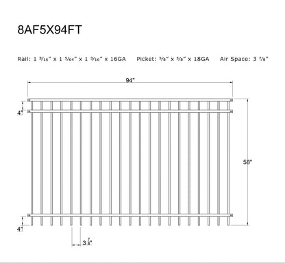 5' tall x 8' wide 3-Rail Ornamental Steel Flat Top Fence Panel with 3-7/8" Air Space