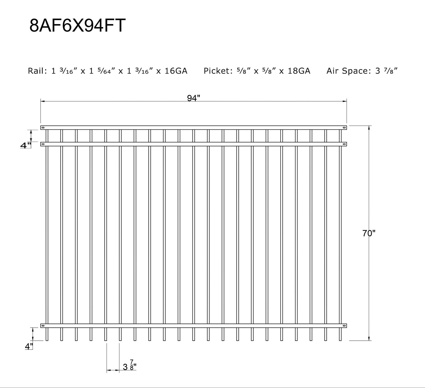 6' tall x 8' wide 3-Rail Ornamental Steel Flat Top Fence Panel with 3-7/8" Air Space