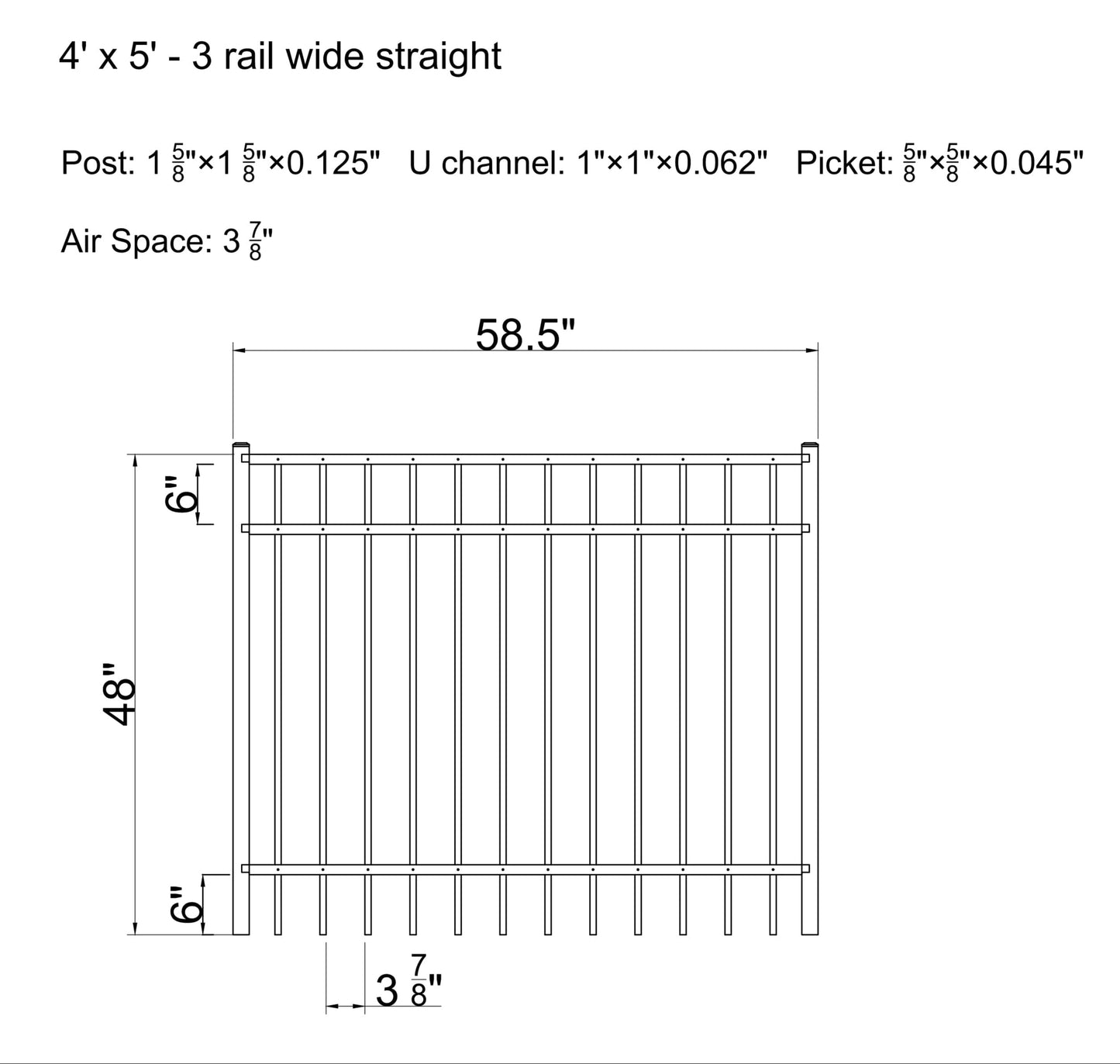 Ornamental Aluminum Flat Top 5' Wide x 4' Tall 3-Rail Gate with 3-7/8" Air Space