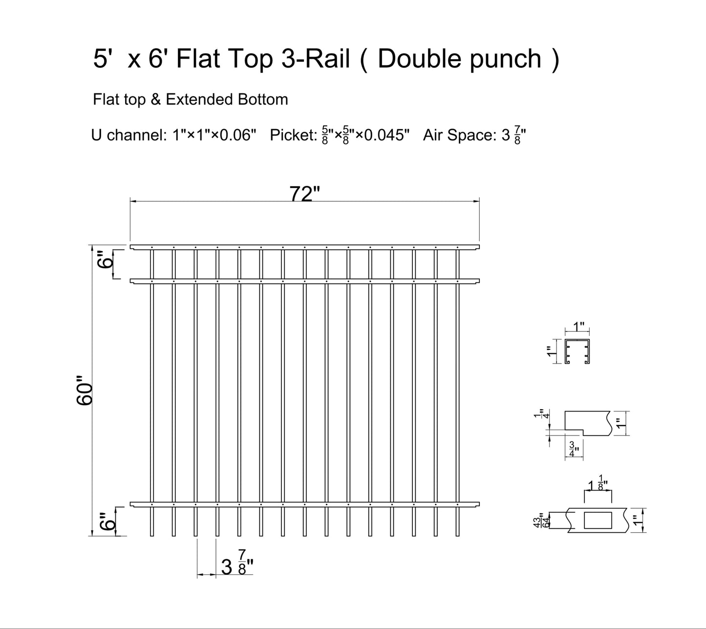 5' tall x 6' wide 3-Rail Ornamental Aluminum Flat Top Fence Panel with 3-7/8" Air Space