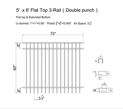 5' tall x 6' wide 3-Rail Ornamental Aluminum Flat Top Fence Panel with 3-7/8" Air Space