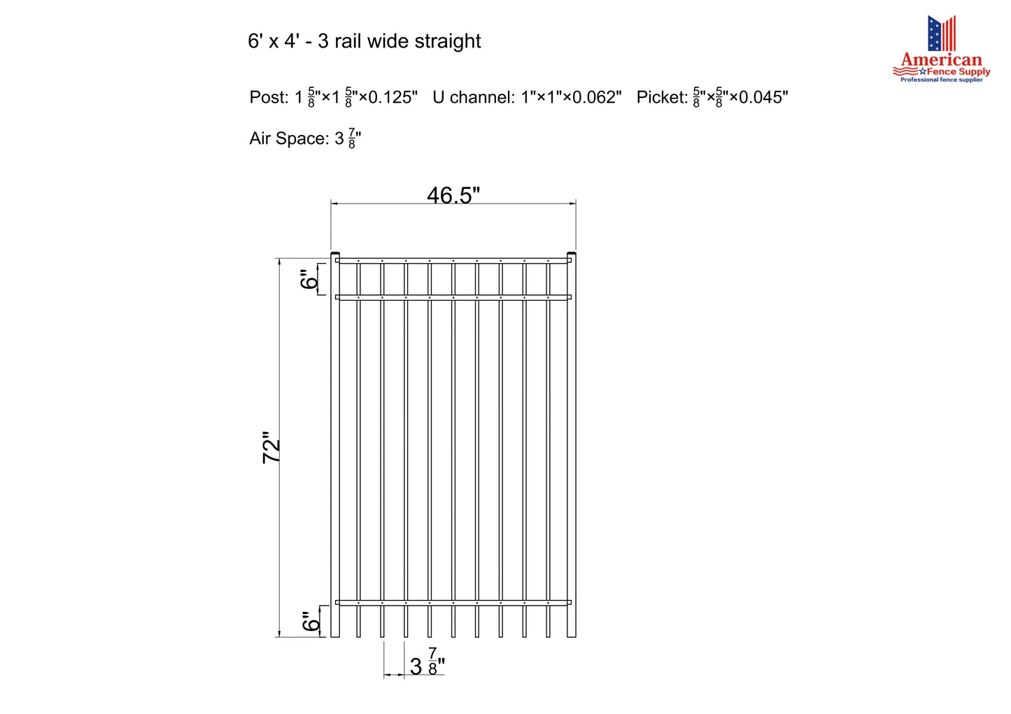 Ornamental Aluminum Flat Top 4' Wide x 6' Tall 3-Rail Gate with 3-7/8" Air Space