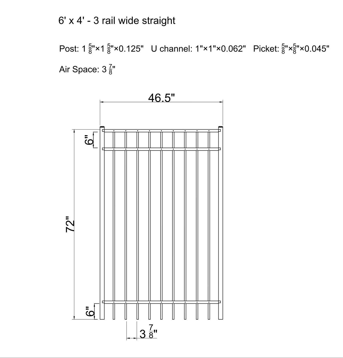 6' tall x 4' wide 3-Rail Ornamental Aluminum Flat Top Gate with 3-7/8" Air Space
