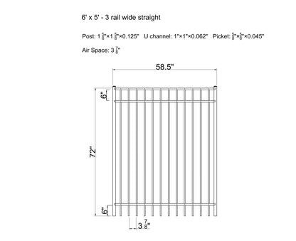 Ornamental Aluminum Flat Top 5' Wide x 6' Tall 3-Rail Gate with 3-7/8" Air Space