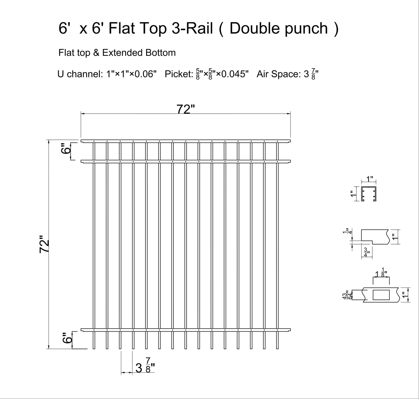 [PRICE PER FOOT] 6' tall x 6' wide 3-Rail Ornamental Aluminum Flat Top Fence Panel with 3-7/8" Air Space