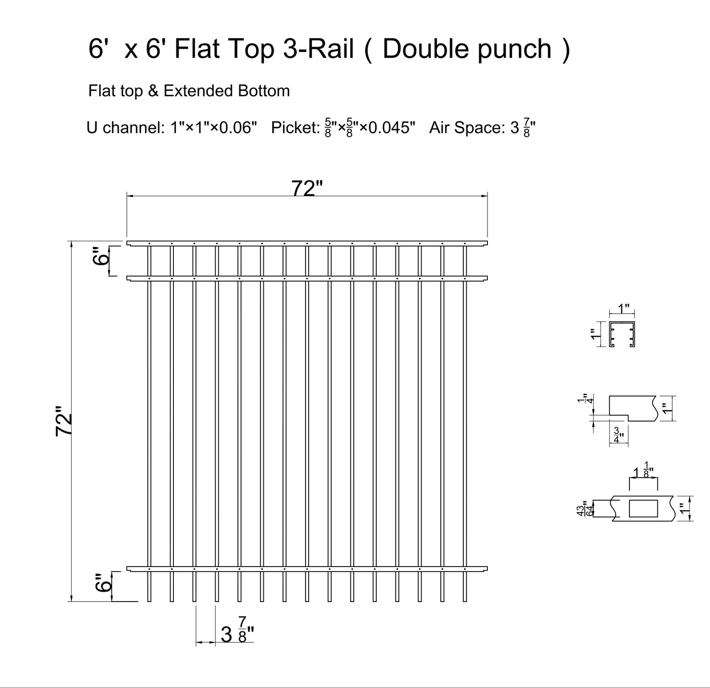 Ornamental Aluminum Flat Top 6' Wide x 6' Tall 3-Rail Fence Panel with 3-7/8" Air Space