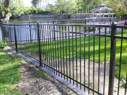 6' tall x 8' wide 3-Rail Ornamental Steel Flat Top Fence Panel with 3-7/8" Air Space