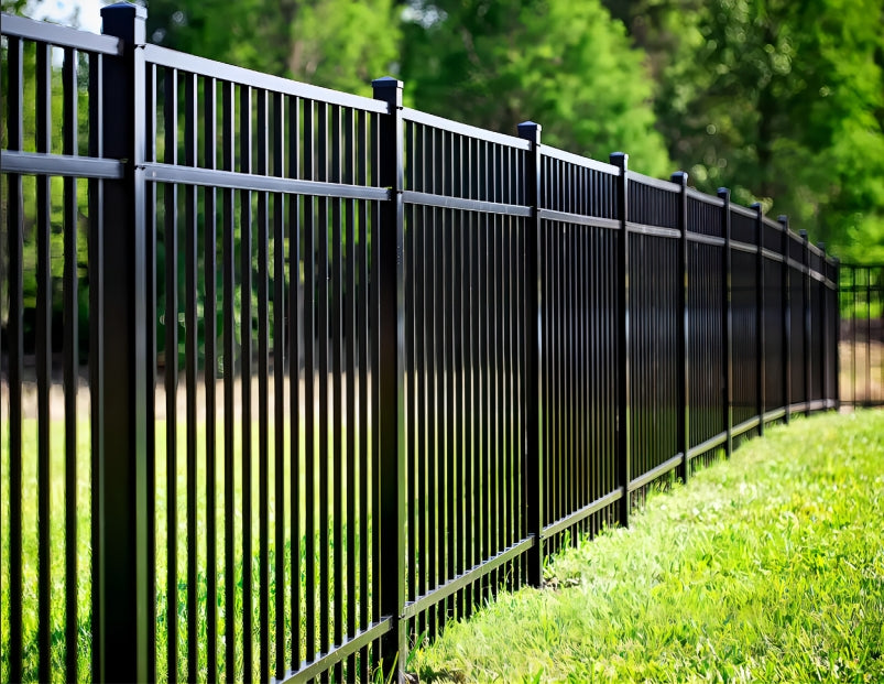 An Ohio park with a black ornamental fence line running through a grass patch near some trees.
